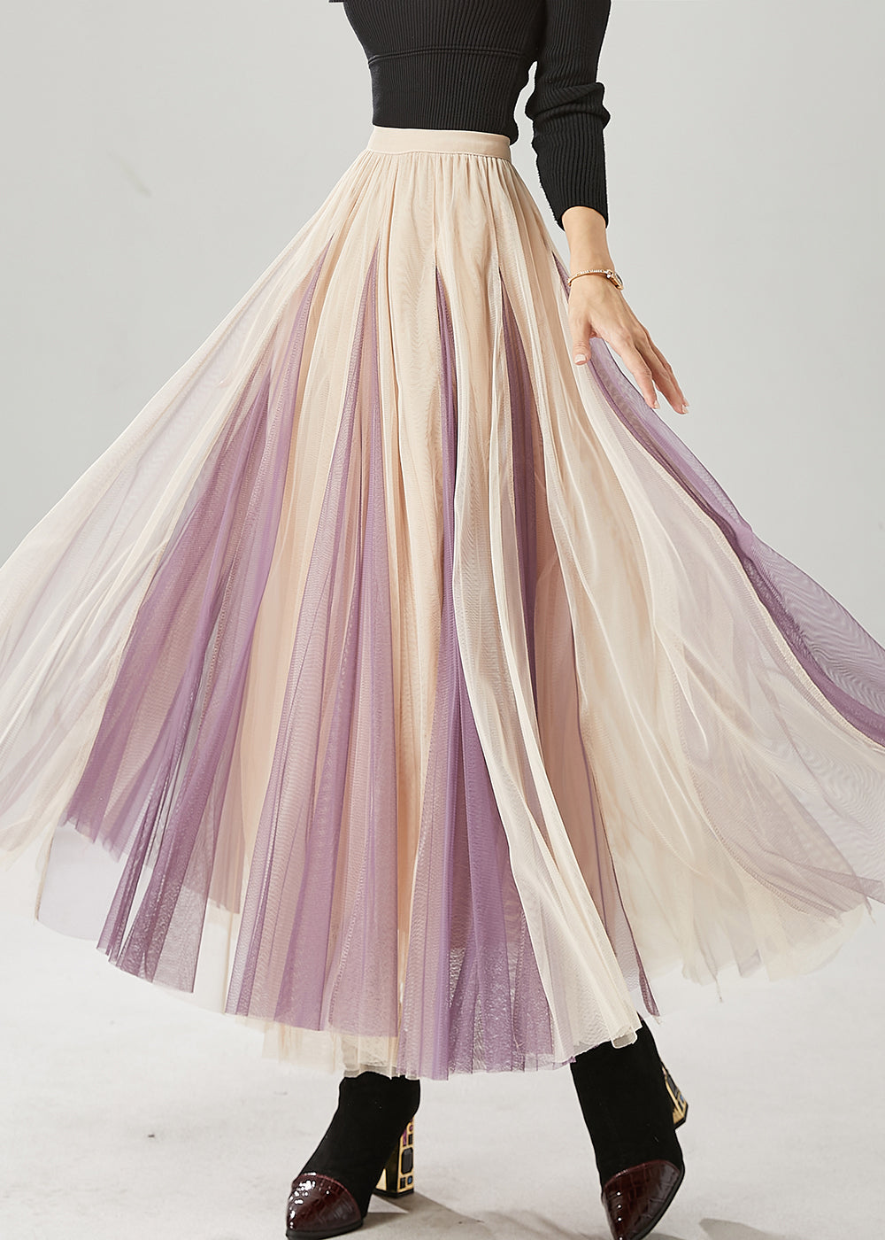 Fashion Khaki Wrinkled Patchwork Tulle Skirts Spring