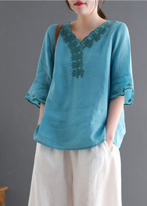 Fashion Lake blue V Neck Embroideried Linen Tops flare sleeve