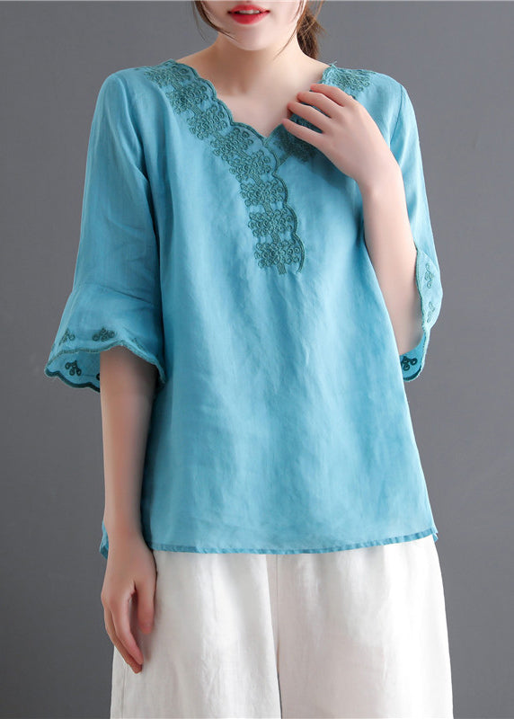 Fashion Lake blue V Neck Embroideried Linen Tops flare sleeve