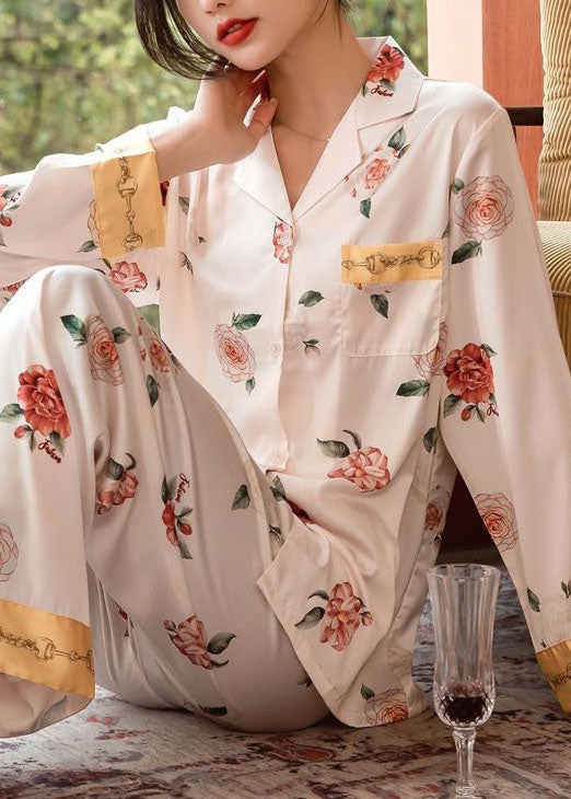 Fashion Light Pink Patchwork Print Silk Pajamas Two-Piece Set Spring