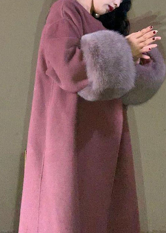 Fashion Lotus Root Pink Color O-Neck Woolen Maxi Coats Long Sleeve