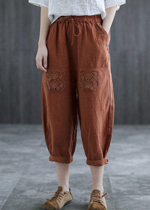 Fashion Mulberry Hollow Out Lace Patchwork Linen Harem Pants Fall