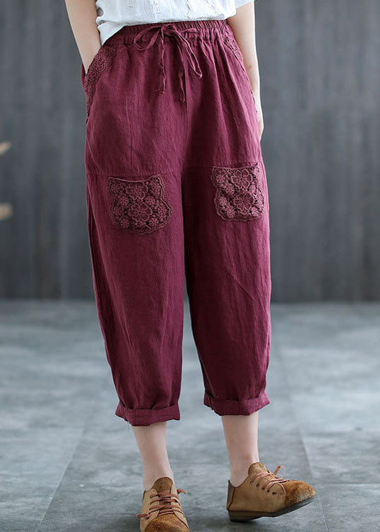 Fashion Mulberry Hollow Out Lace Patchwork Linen Harem Pants Fall