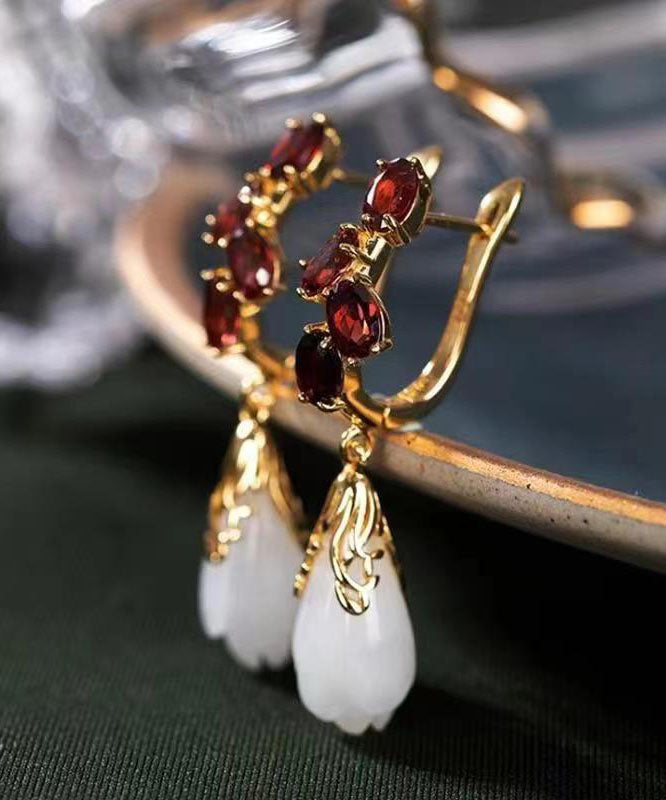Fashion Mulberry Stainless Steel Glass Inlaid Jade Garnet Drop Earrings