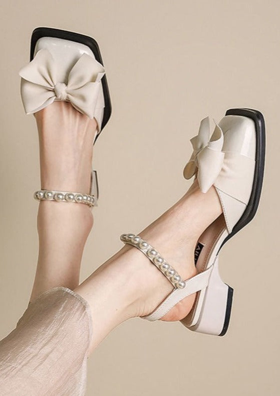 Fashion Nail Bead Bow Splicing Chunky Sandals Khaki Faux Leather