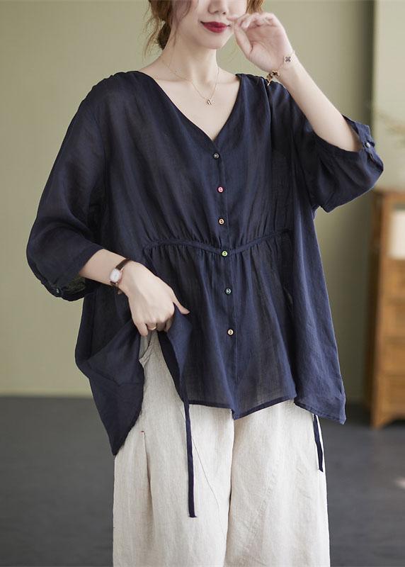 Fashion Navy Loose Button tie waist asymmetrical design Fall Three Quarter sleeve Shirt Top - Omychic