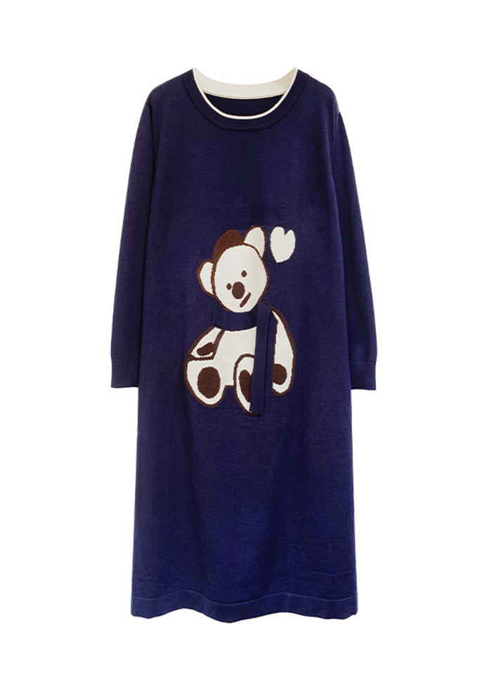 Fashion Navy Oversized Cute Bear Cotton Sweatshirt Dress Fall