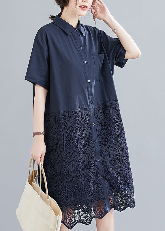 Fashion Navy Peter Pan Collar Button Lace Patchwork Hollow Out Shirt Dress Short Sleeve