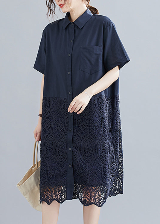 Fashion Navy Peter Pan Collar Button Lace Patchwork Hollow Out Shirt Dress Short Sleeve