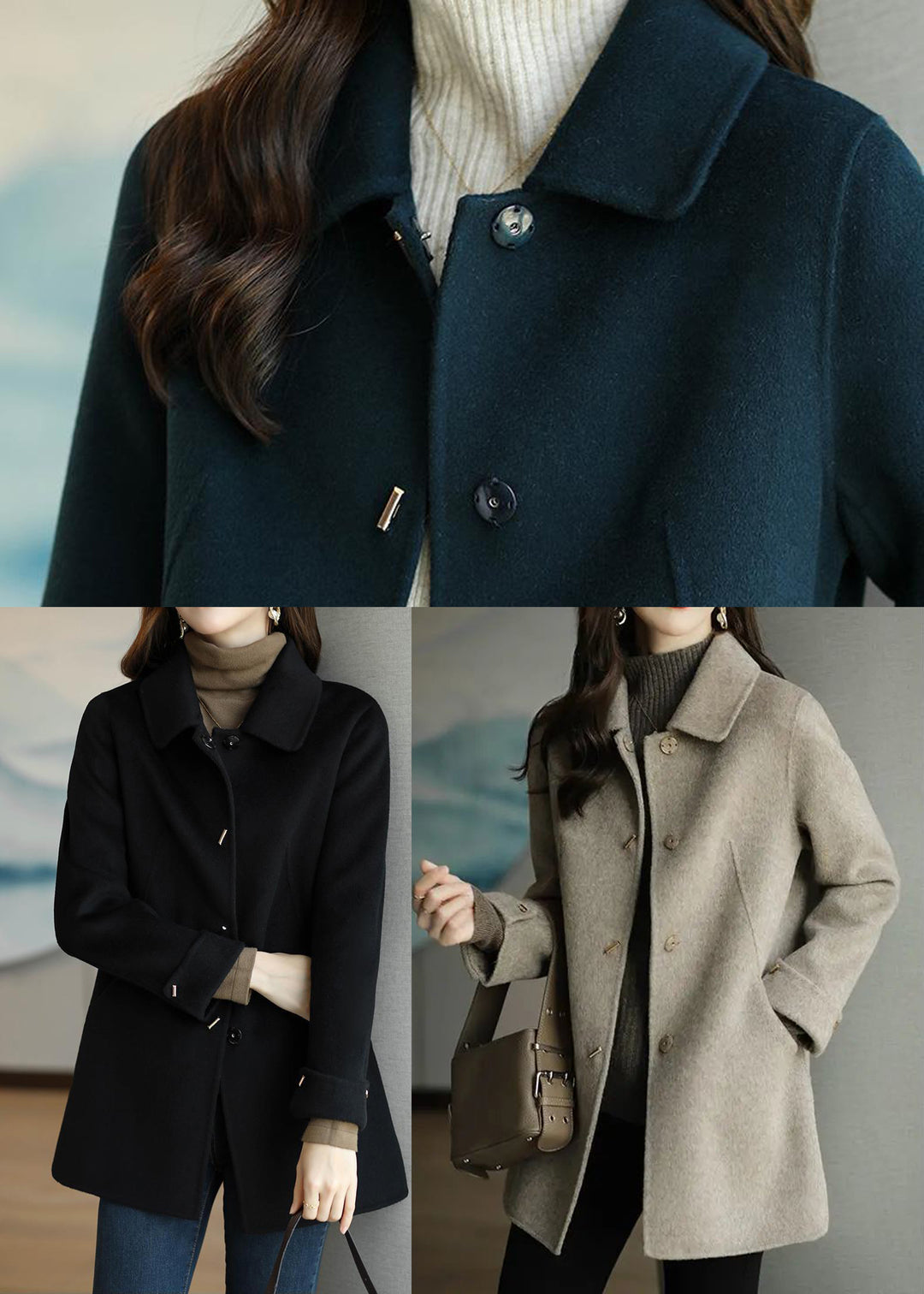 Fashion Navy Peter Pan Collar Slim Fit Woolen Trench Fall