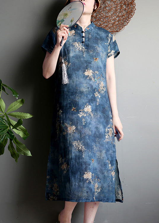 Fashion Navy Print Side Open Button Linen Maxi Dress Short Sleeve