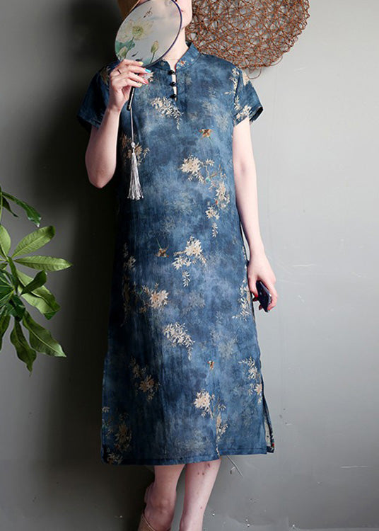 Fashion Navy Print Side Open Button Linen Maxi Dress Short Sleeve