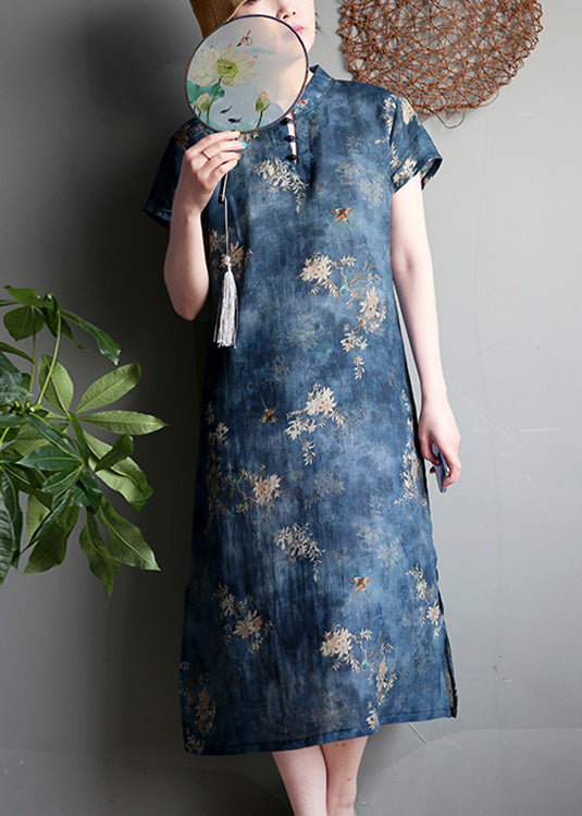 Fashion Navy Print Side Open Button Linen Maxi Dress Short Sleeve