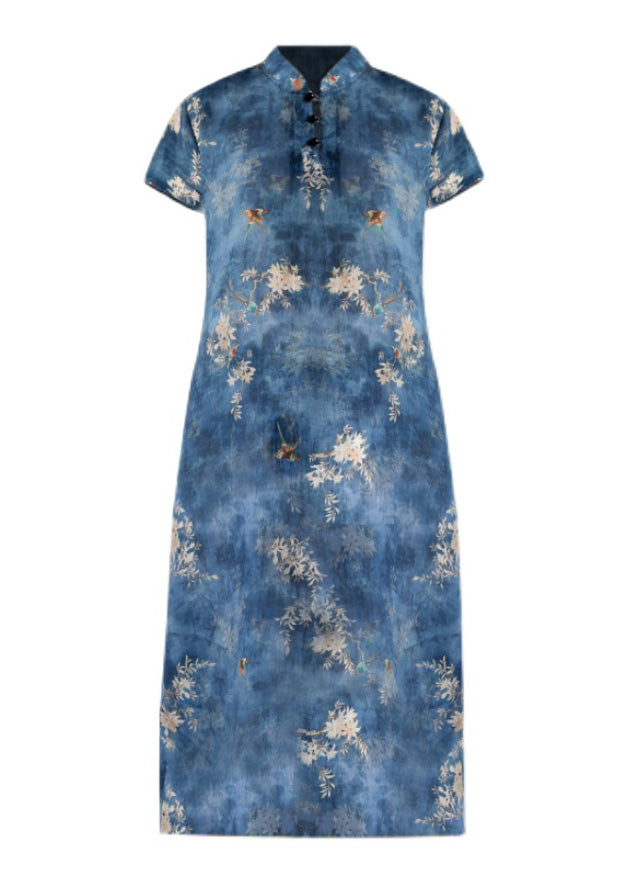 Fashion Navy Print Side Open Button Linen Maxi Dress Short Sleeve