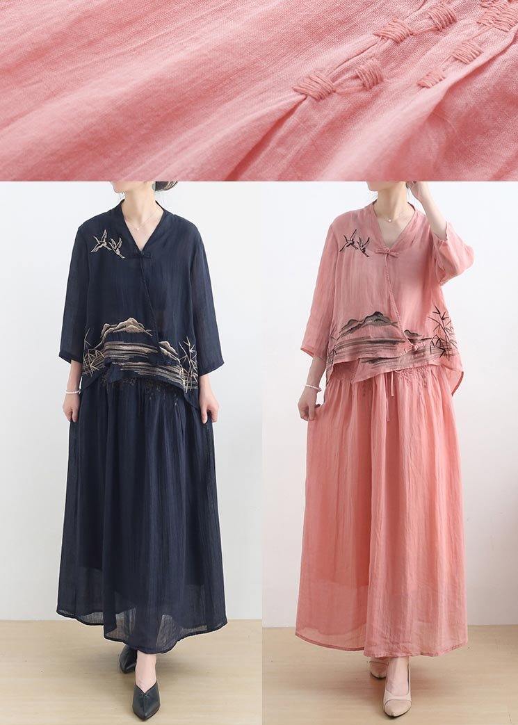 Fashion Navy low high design Linen Half Sleeve Summer Two Pieces Set - Omychic