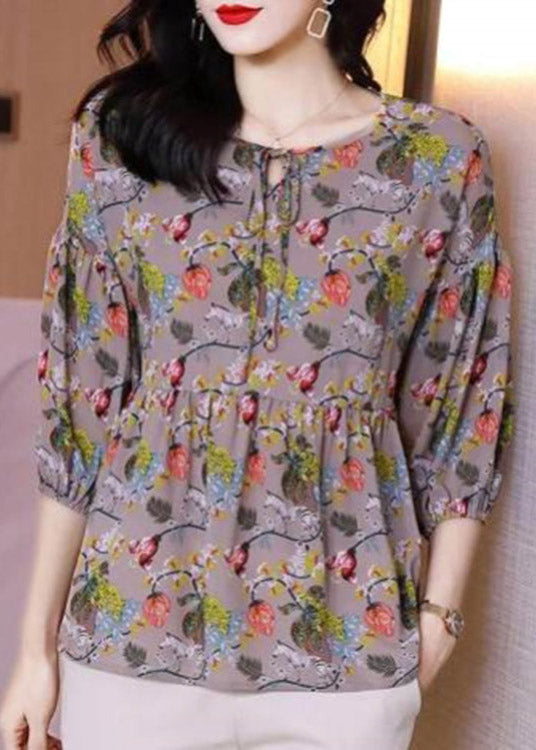 Fashion O-Neck Neck Tie Cinched Print Chiffon Top Long Sleeve