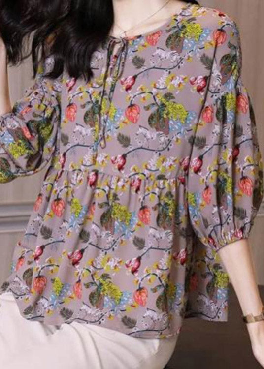 Fashion O-Neck Neck Tie Cinched Print Chiffon Top Long Sleeve