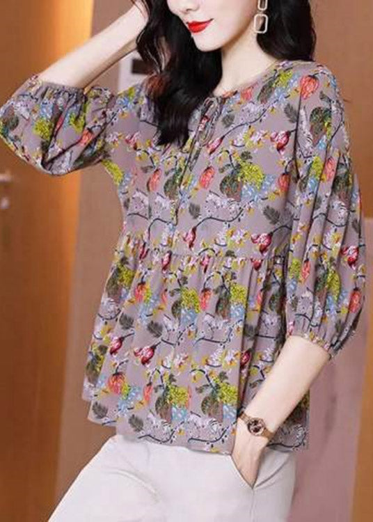 Fashion O-Neck Neck Tie Cinched Print Chiffon Top Long Sleeve