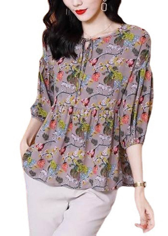 Fashion O-Neck Neck Tie Cinched Print Chiffon Top Long Sleeve