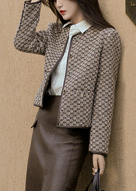 Fashion O-Neck Plaid Button Woolen Coat Long Sleeve