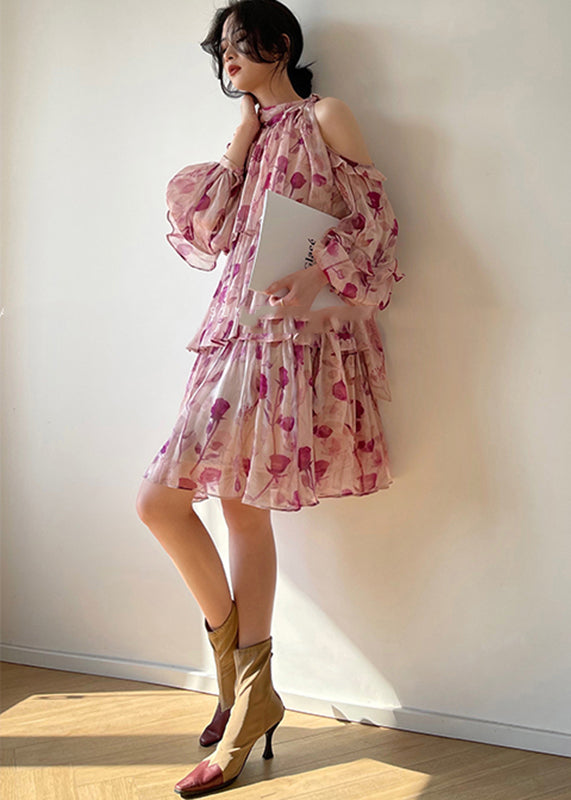 Fashion O-Neck Print Chiffon Vacation Layered Mid Dress Long Sleeve