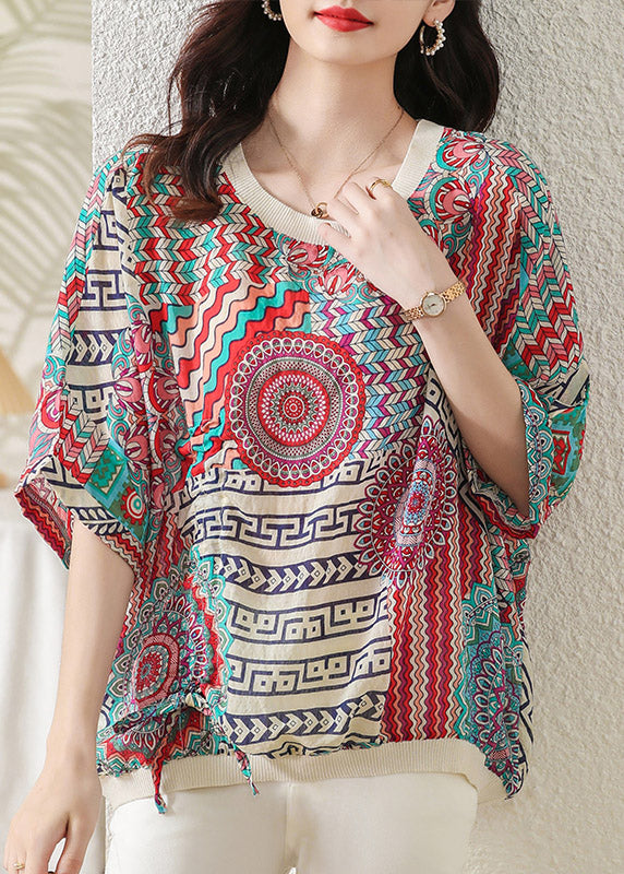 Fashion O-Neck Print Low High Design Cotton Top Half Sleeve