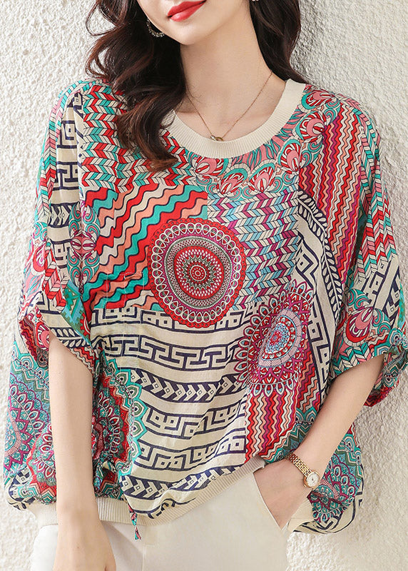 Fashion O-Neck Print Low High Design Cotton Top Half Sleeve
