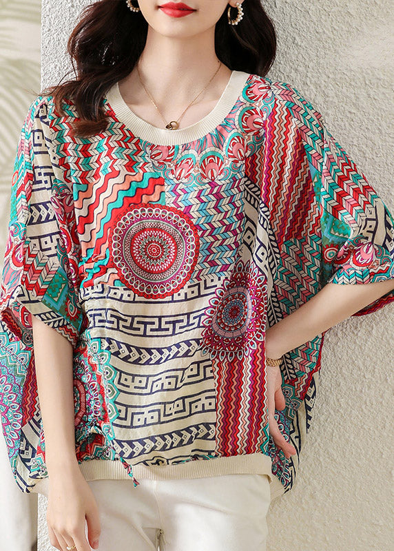 Fashion O-Neck Print Low High Design Cotton Top Half Sleeve