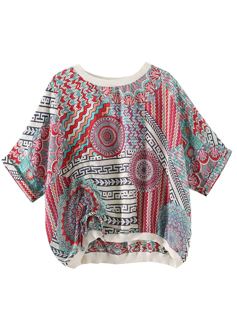 Fashion O-Neck Print Low High Design Cotton Top Half Sleeve