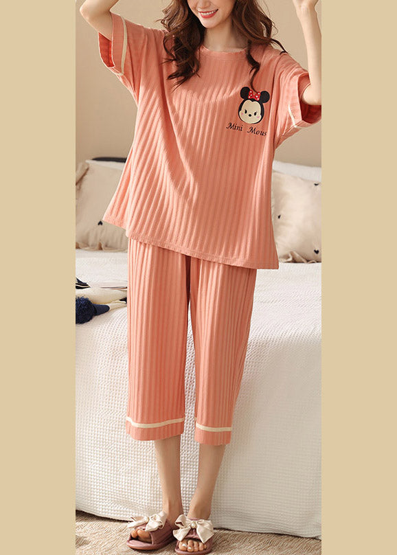 Fashion Orange Animal Print Cotton Pajamas Two Pieces Set Short Sleeve