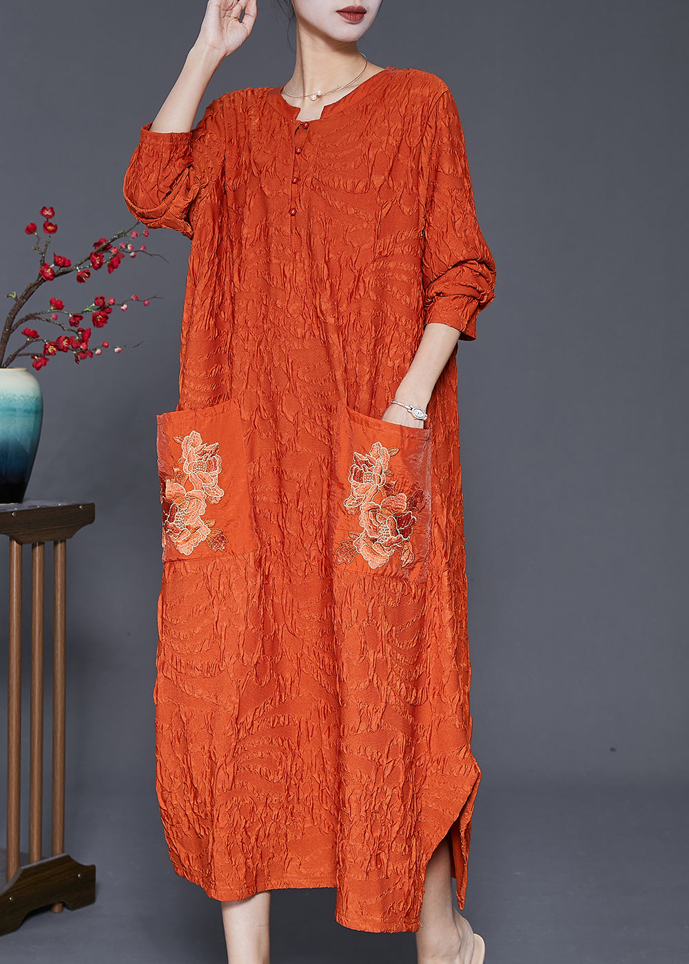 Fashion Orange Embroideried Wrinkled Silk Ankle Dress Fall