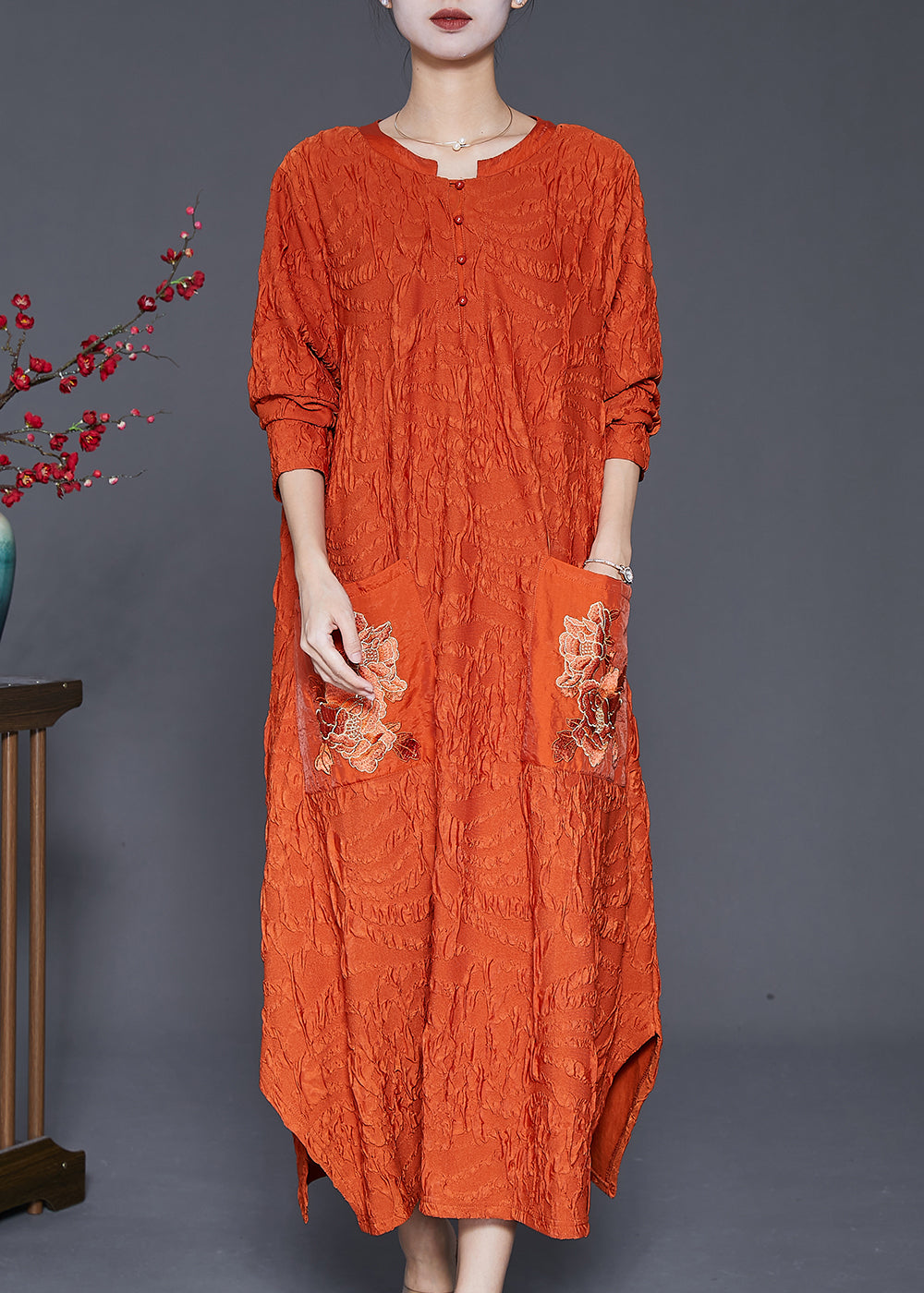 Fashion Orange Embroideried Wrinkled Silk Ankle Dress Fall