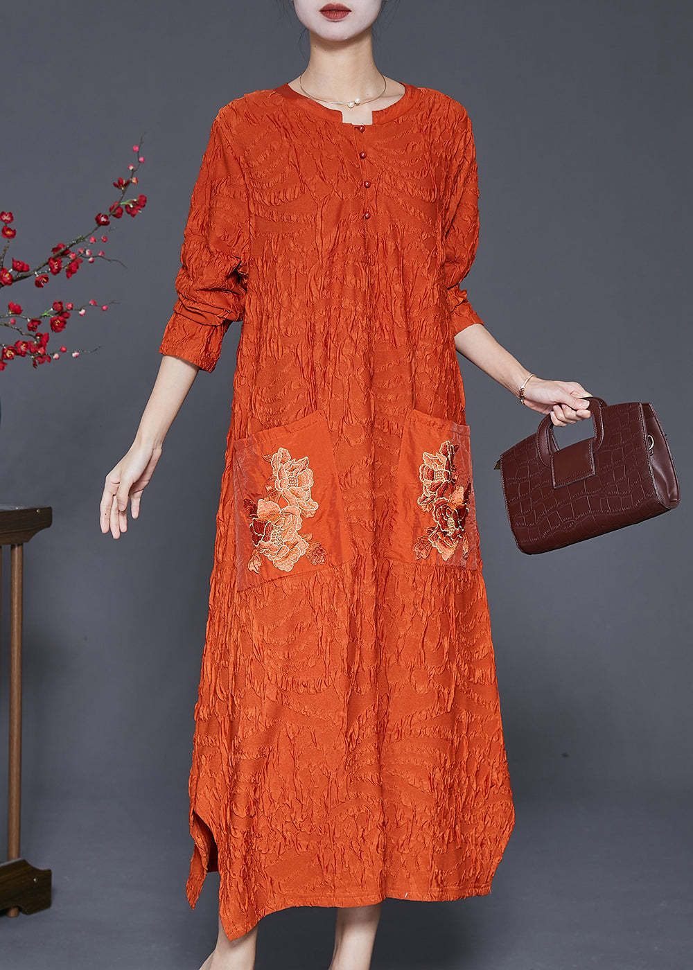 Fashion Orange Embroideried Wrinkled Silk Ankle Dress Fall