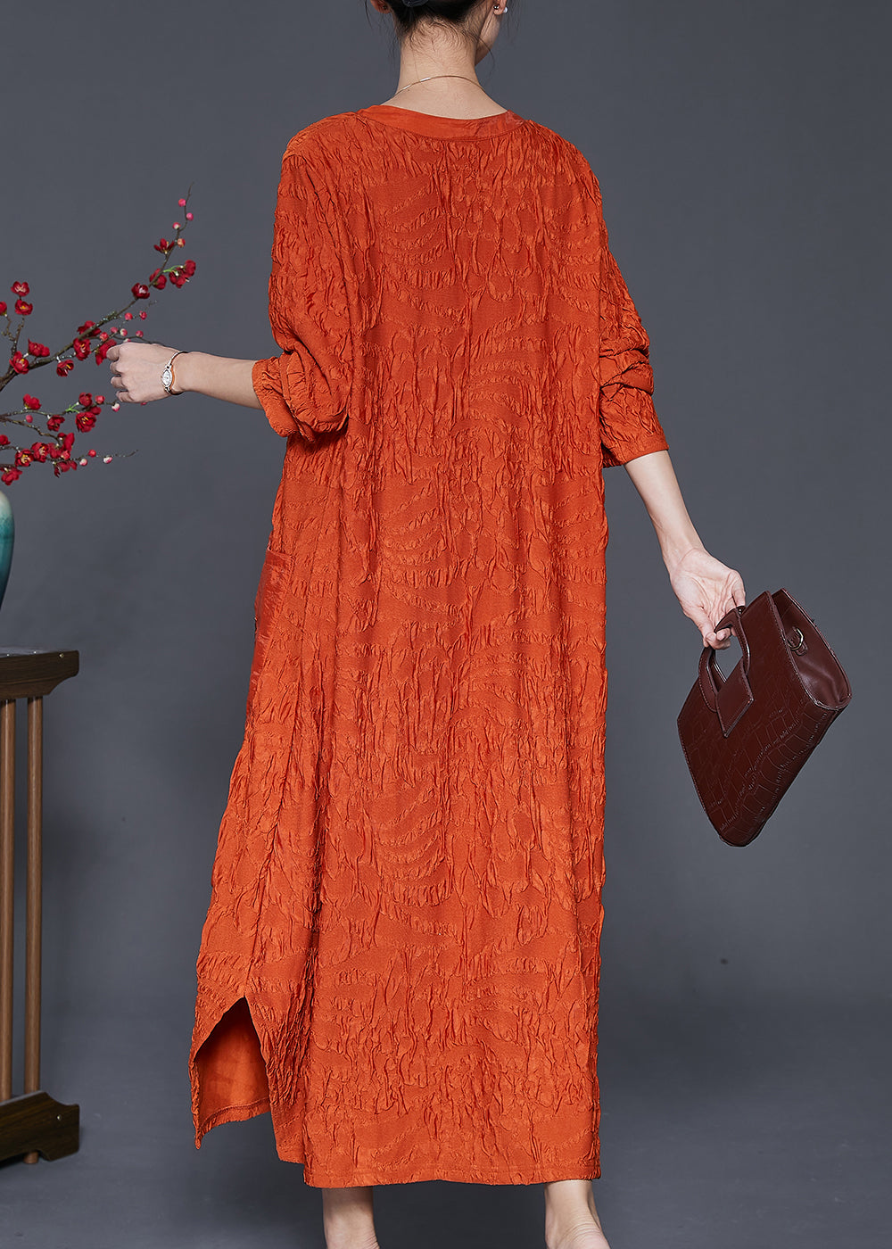 Fashion Orange Embroideried Wrinkled Silk Ankle Dress Fall