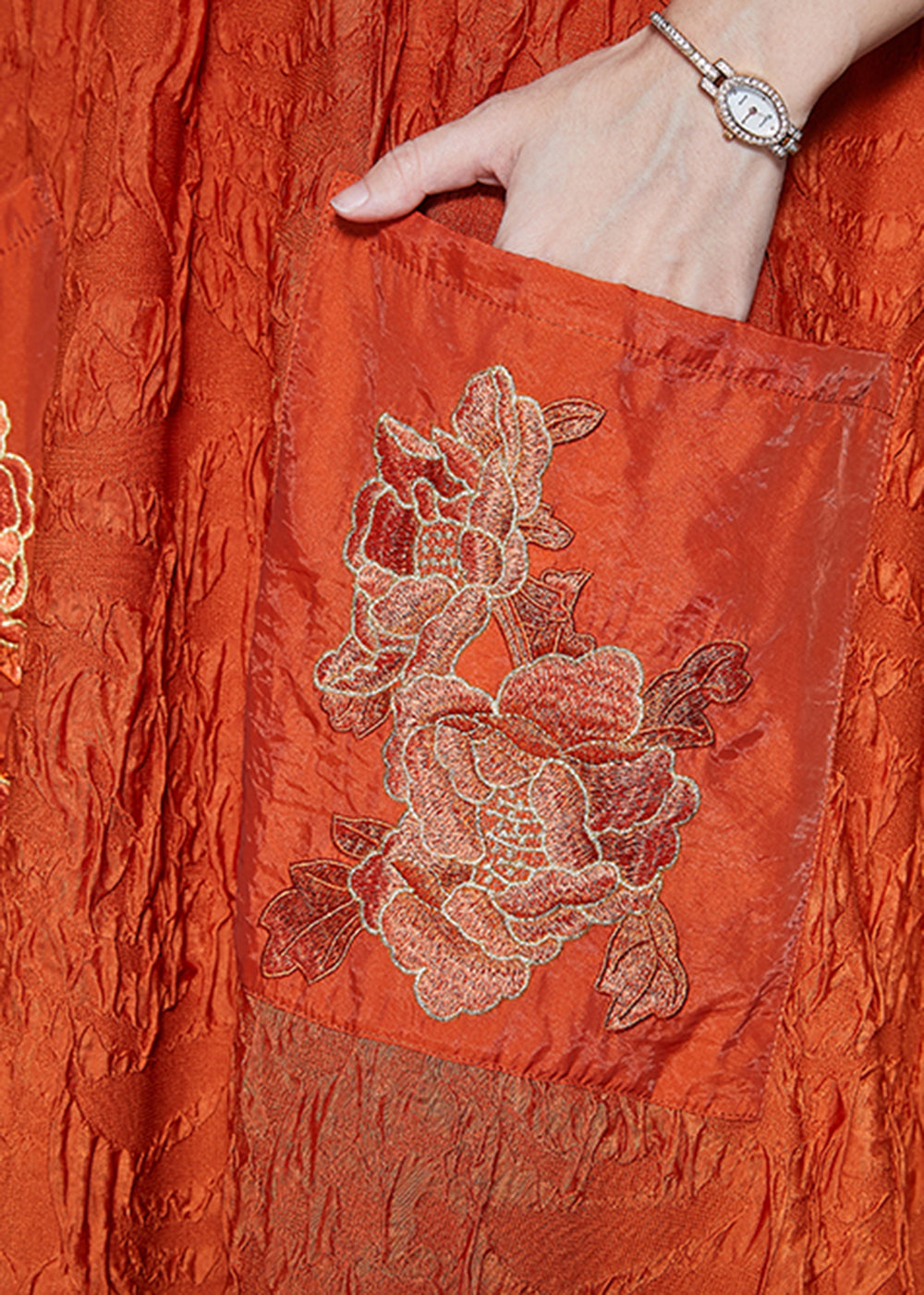 Fashion Orange Embroideried Wrinkled Silk Ankle Dress Fall