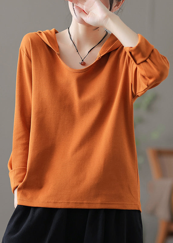 Fashion Orange O-Neck Cotton Hooded Top Long Sleeve