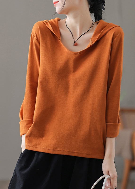 Fashion Orange O-Neck Cotton Hooded Top Long Sleeve