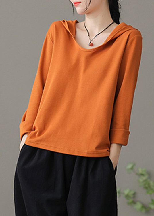 Fashion Orange O-Neck Cotton Hooded Top Long Sleeve