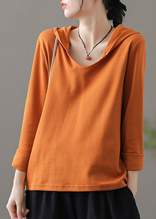 Fashion Orange O-Neck Cotton Hooded Top Long Sleeve