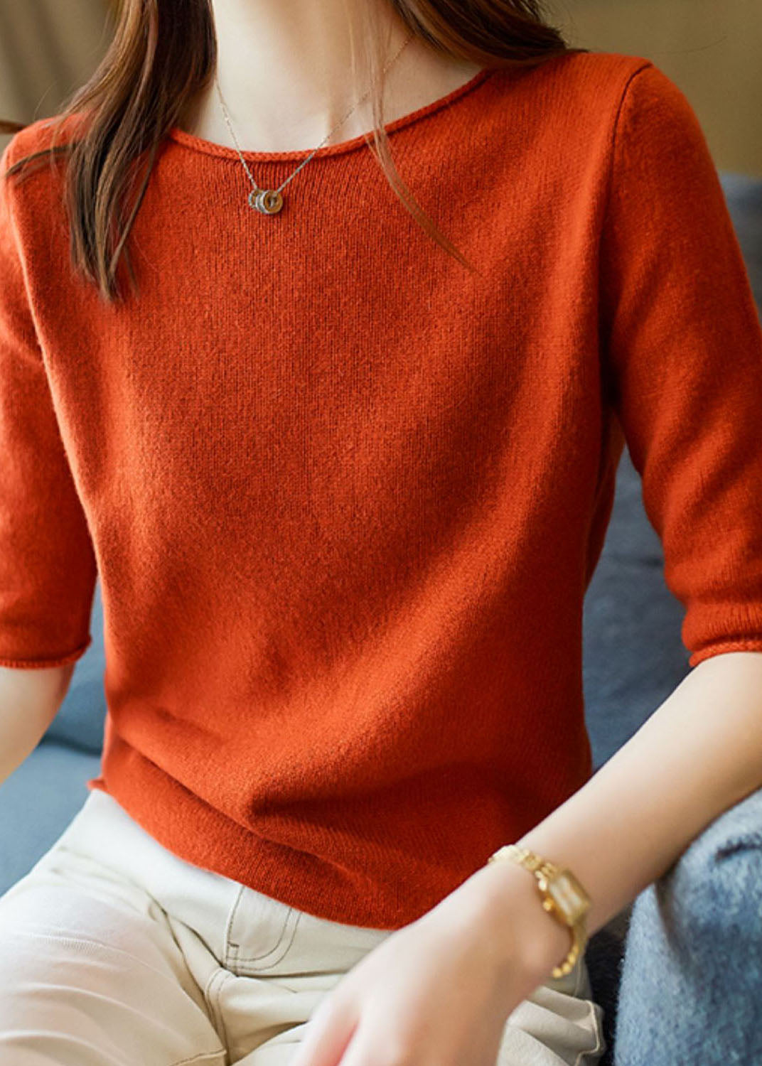 Fashion Orange O Neck Patchwork Cashmere Sweaters Half Sleeve