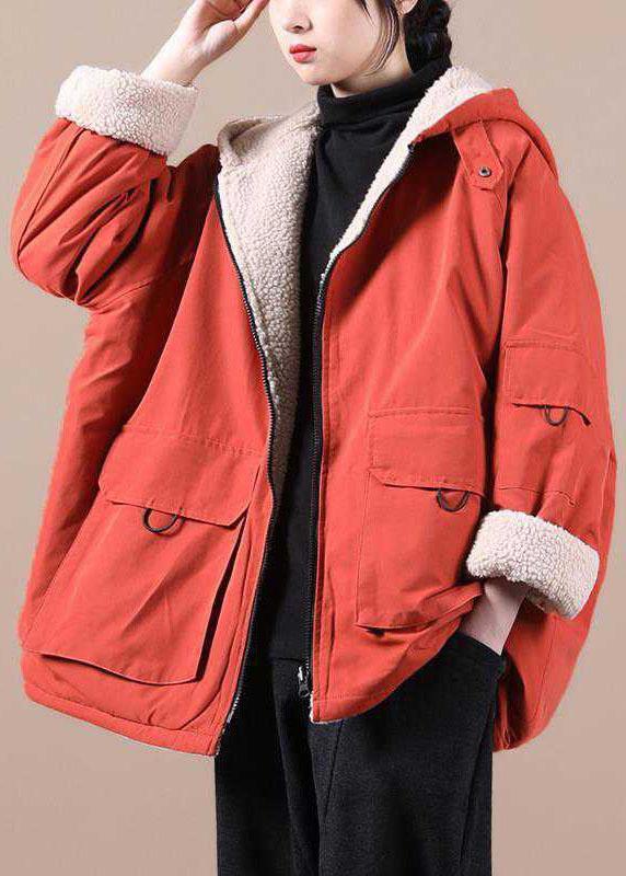 Fashion Orange hooded zippered Pockets Loose Winter parkas Coat - Omychic