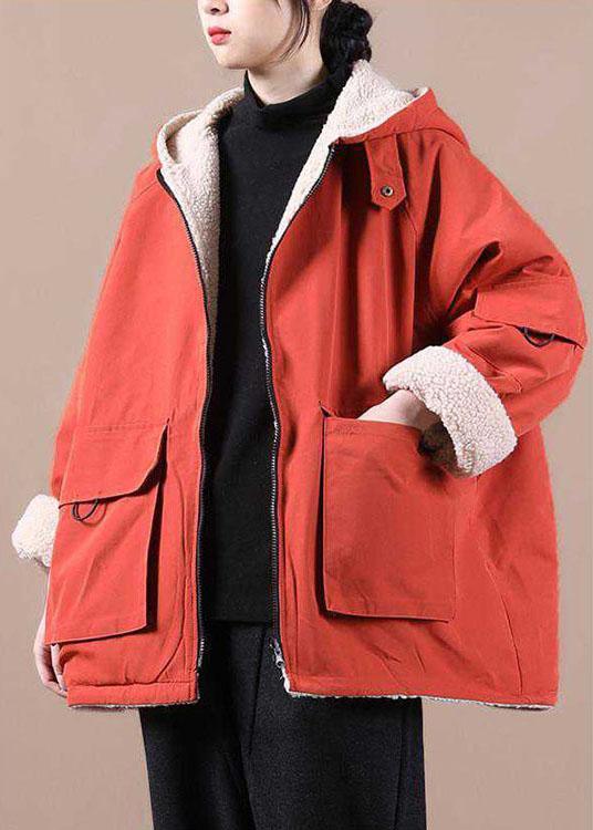 Fashion Orange hooded zippered Pockets Loose Winter parkas Coat - Omychic