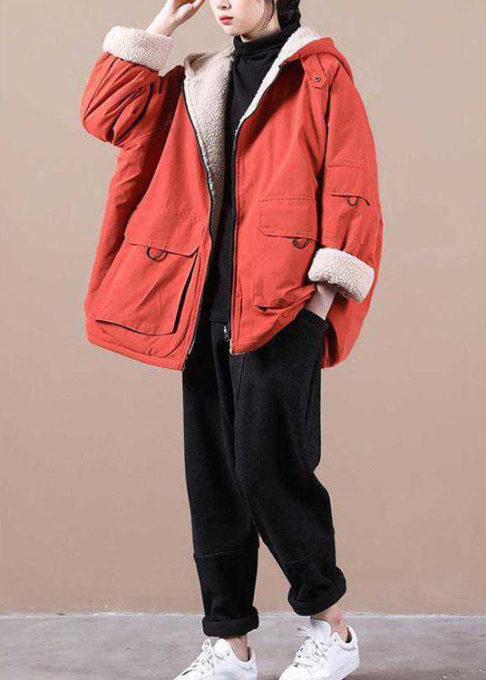 Fashion Orange hooded zippered Pockets Loose Winter parkas Coat - Omychic