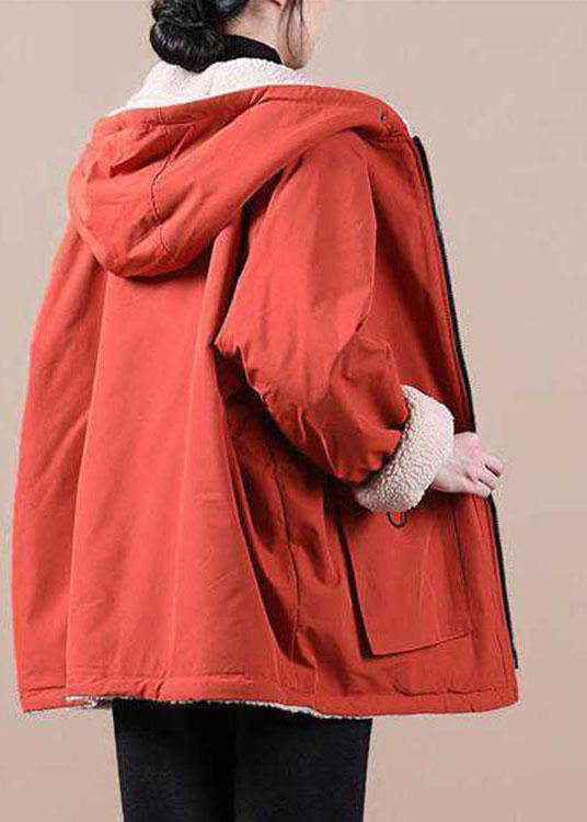 Fashion Orange hooded zippered Pockets Loose Winter parkas Coat - Omychic