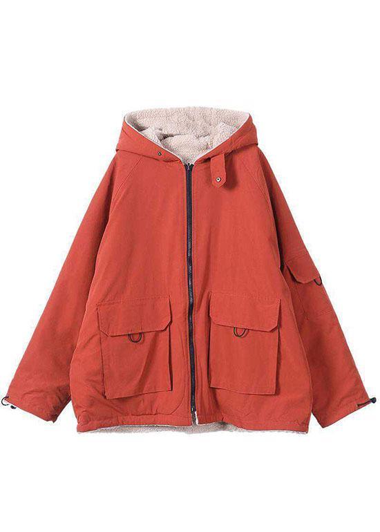 Fashion Orange hooded zippered Pockets Loose Winter parkas Coat - Omychic