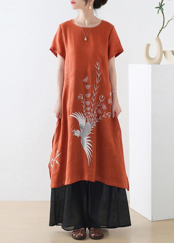 Fashion Orange phoenix Embroideried Linen side open Summer Long Dress - Omychic