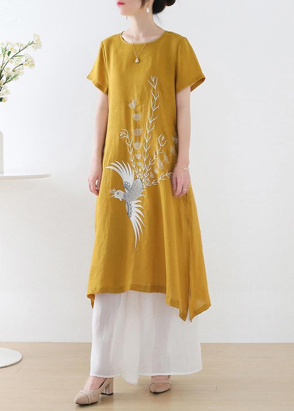 Fashion Orange phoenix Embroideried Linen side open Summer Long Dress - Omychic