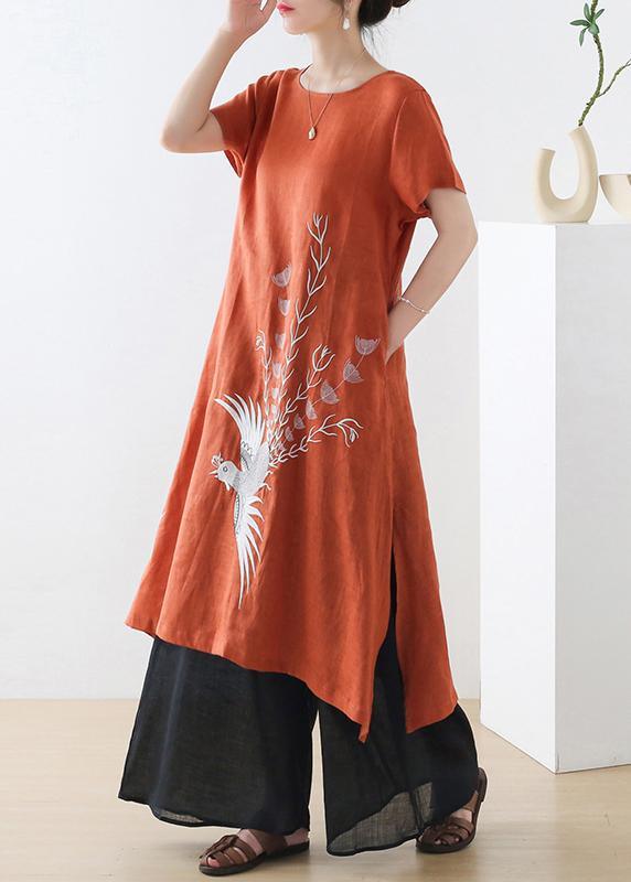 Fashion Orange phoenix Embroideried Linen side open Summer Long Dress - Omychic