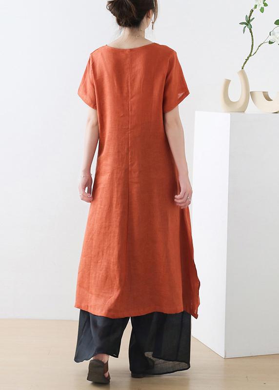 Fashion Orange phoenix Embroideried Linen side open Summer Long Dress - Omychic