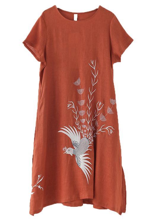 Fashion Orange phoenix Embroideried Linen side open Summer Long Dress - Omychic